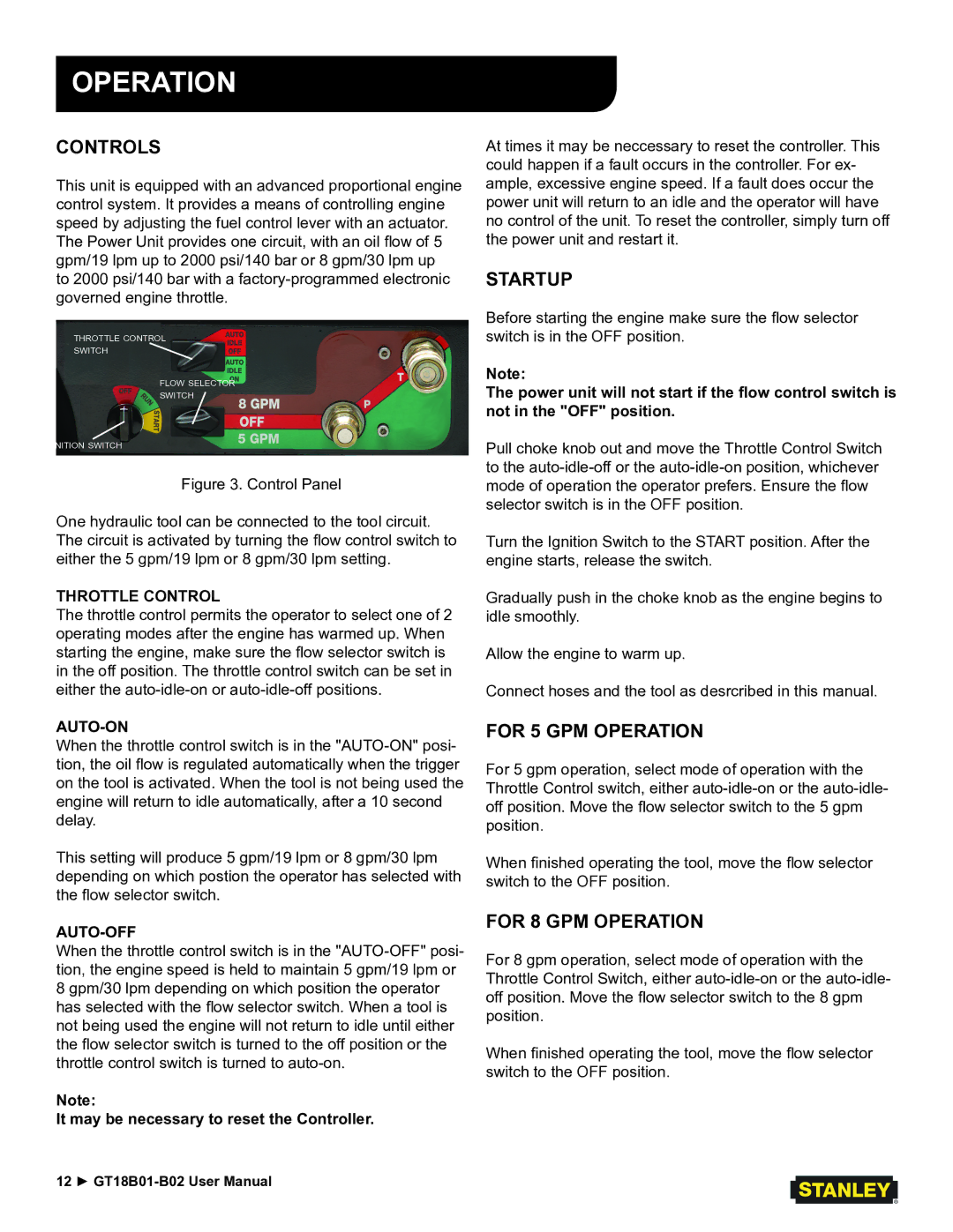 Stanley Black & Decker GT18B02, GT18B01 user manual Controls, Startup, For 5 GPM Operation, For 8 GPM Operation 
