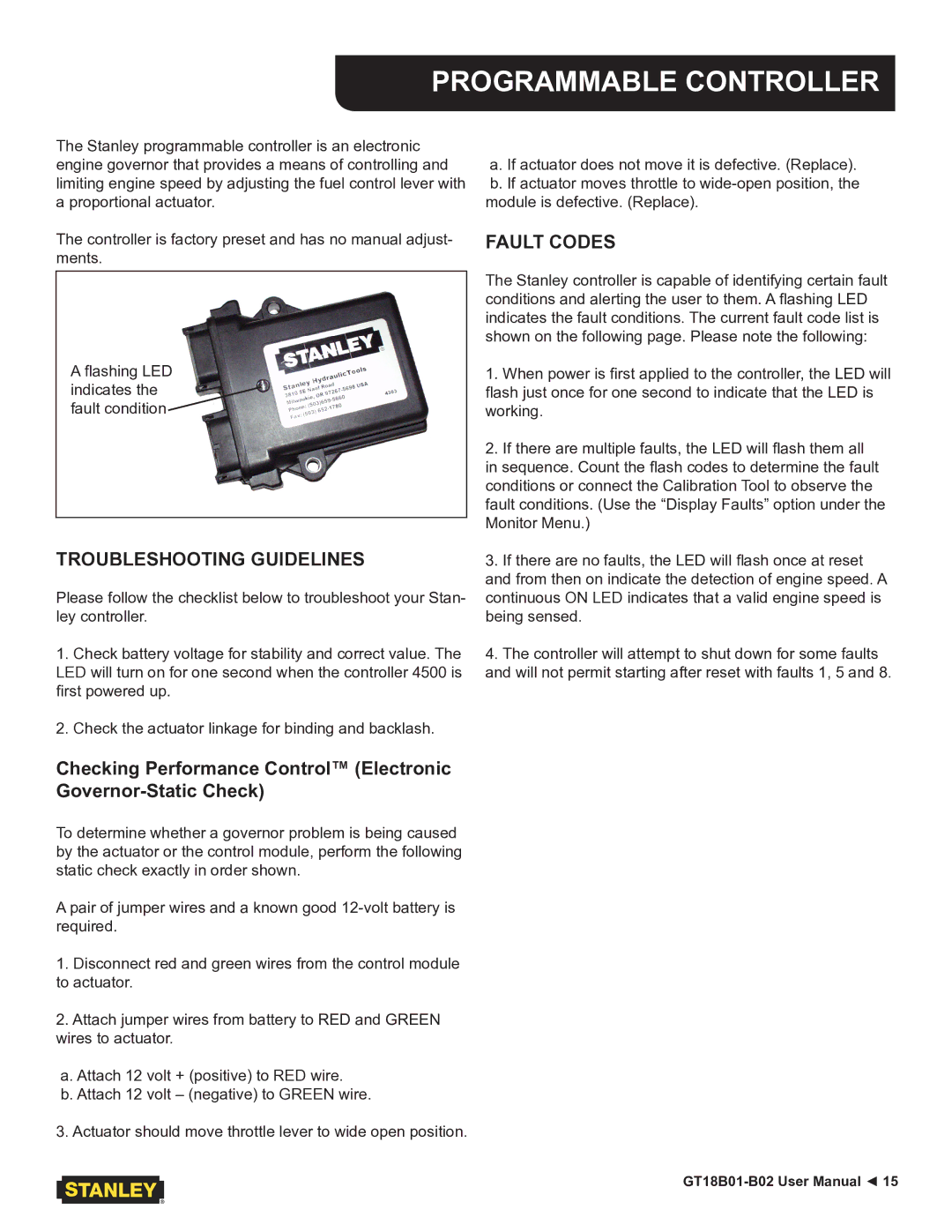 Stanley Black & Decker GT18B01, GT18B02 user manual Programmable Controller, Troubleshooting Guidelines, Fault Codes 