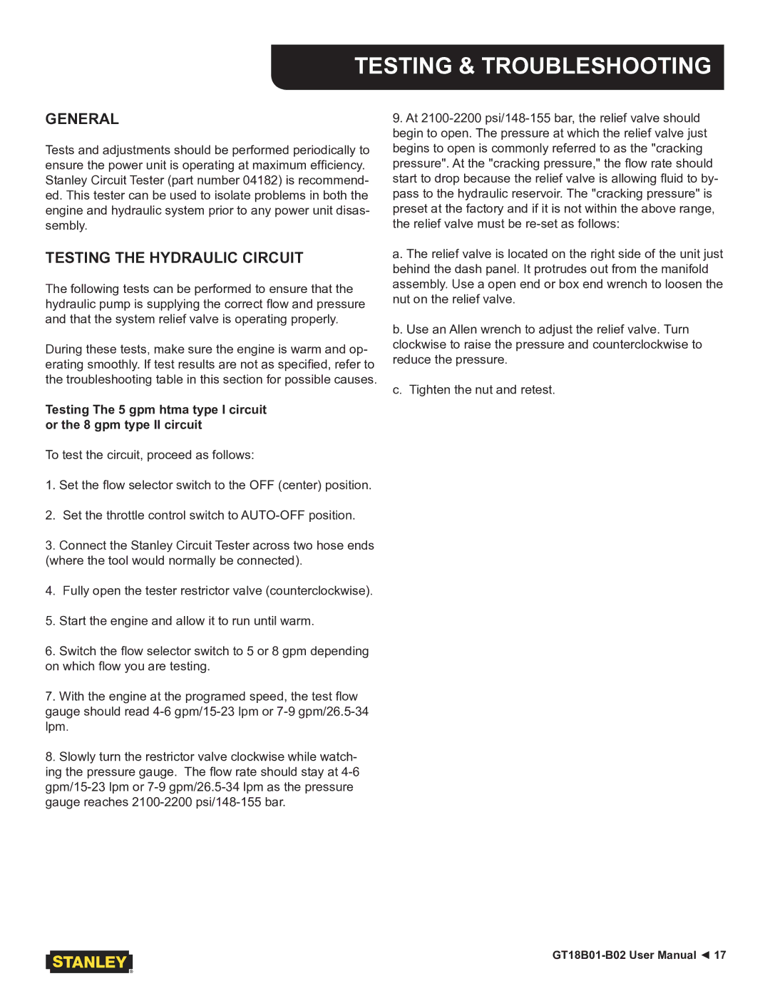 Stanley Black & Decker GT18B01, GT18B02 user manual Testing & Troubleshooting, General, Testing the Hydraulic Circuit 