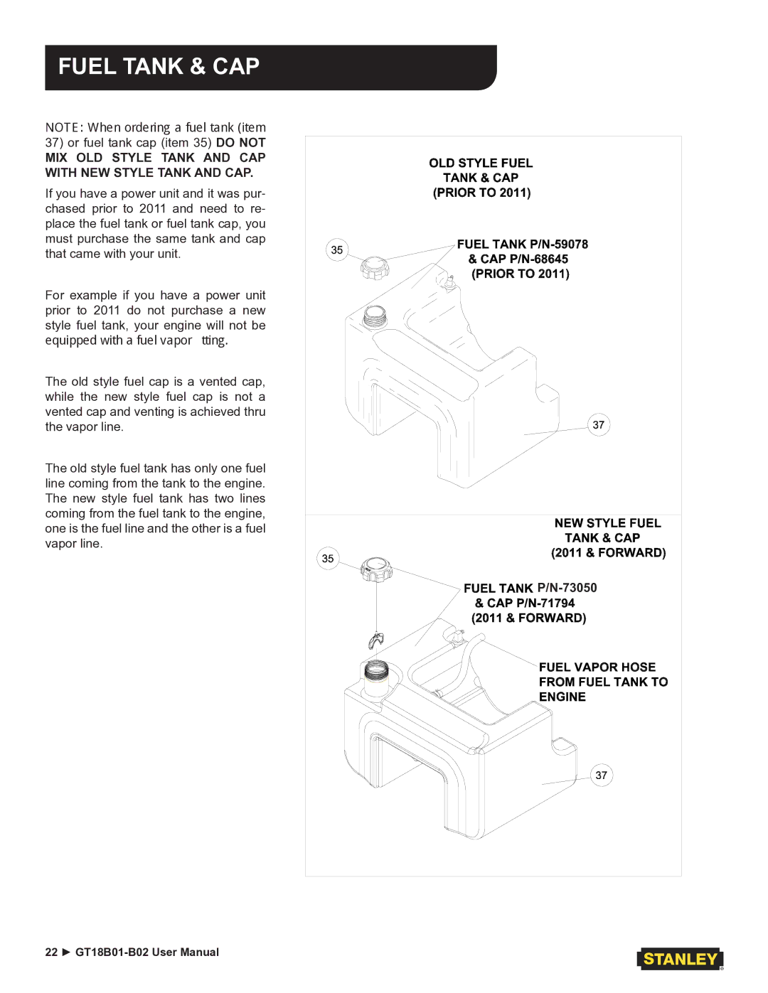 Stanley Black & Decker GT18B02, GT18B01 user manual Fuel Tank & CAP, MIX OLD Style Tank and CAP with NEW Style Tank and CAP 