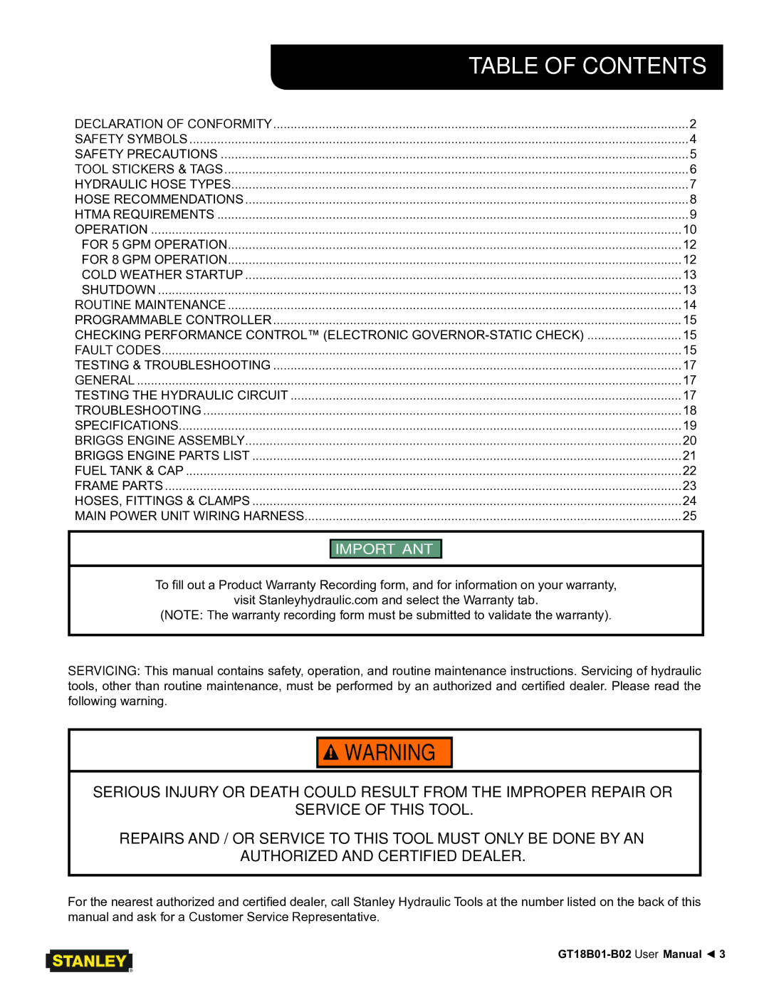 Stanley Black & Decker GT18B01, GT18B02 user manual Table of Contents 