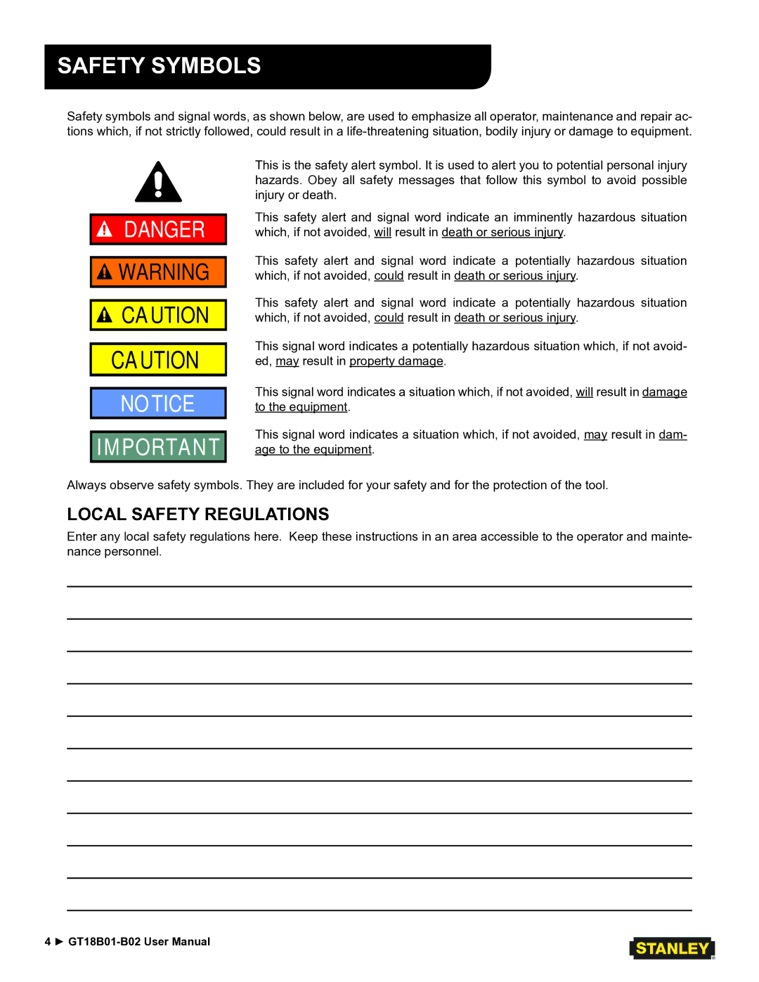 Stanley Black & Decker GT18B02, GT18B01 user manual Safety Symbols, Local Safety Regulations 