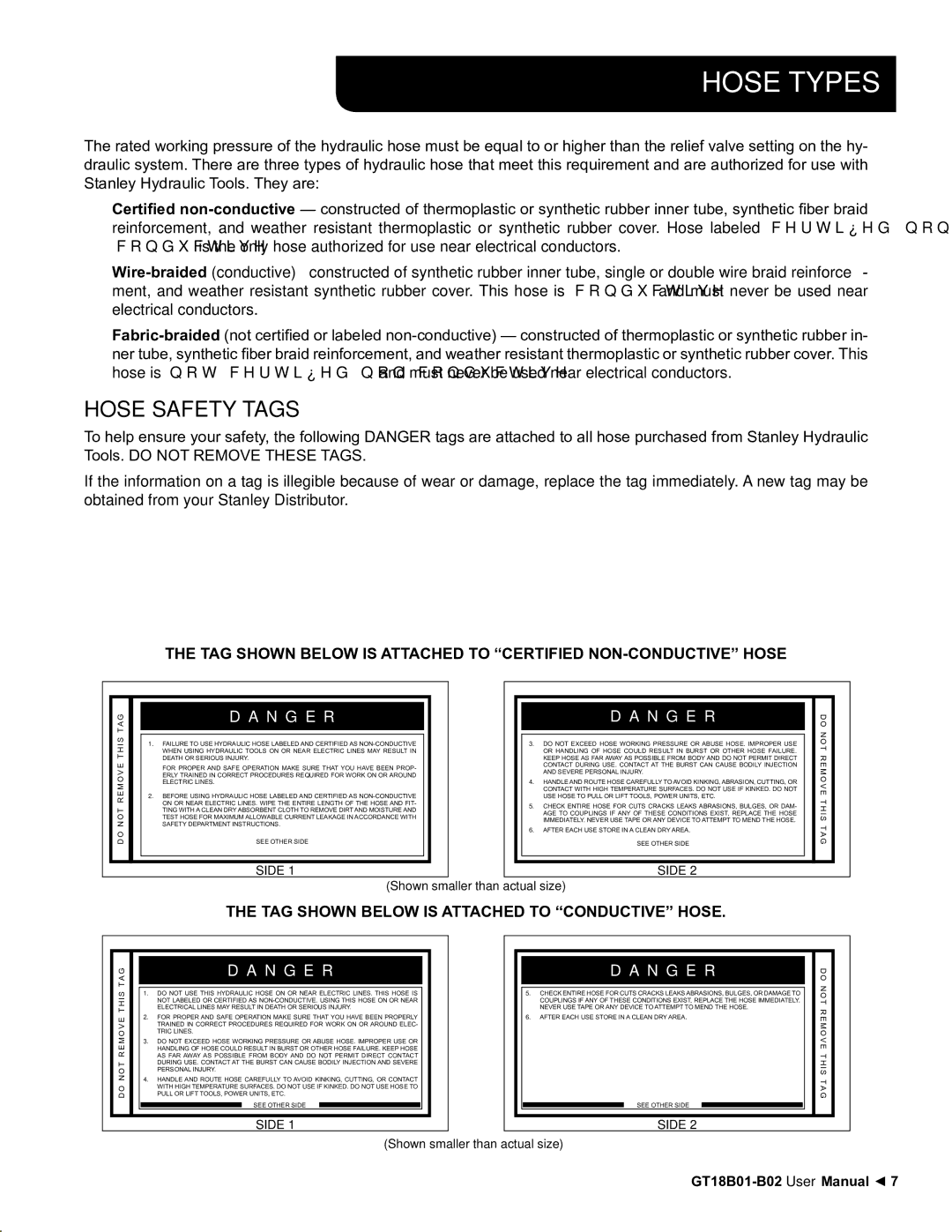 Stanley Black & Decker GT18B01, GT18B02 user manual Hose Types, TAG Shown below is Attached to Conductive Hose 