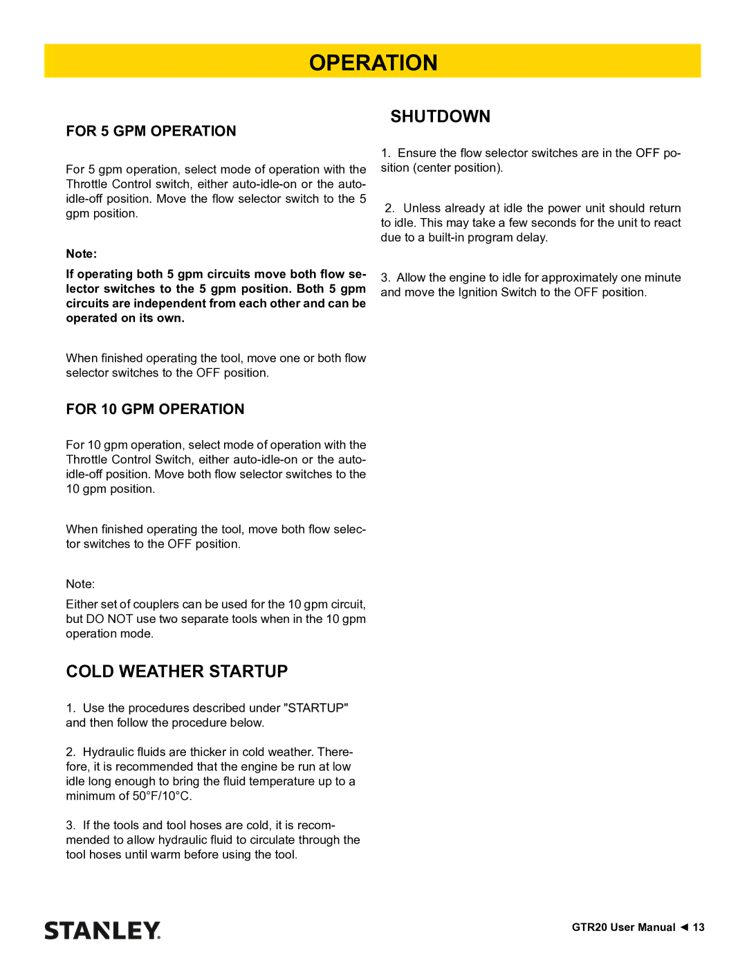 Stanley Black & Decker GTR20 user manual Cold Weather Startup, Shutdown 