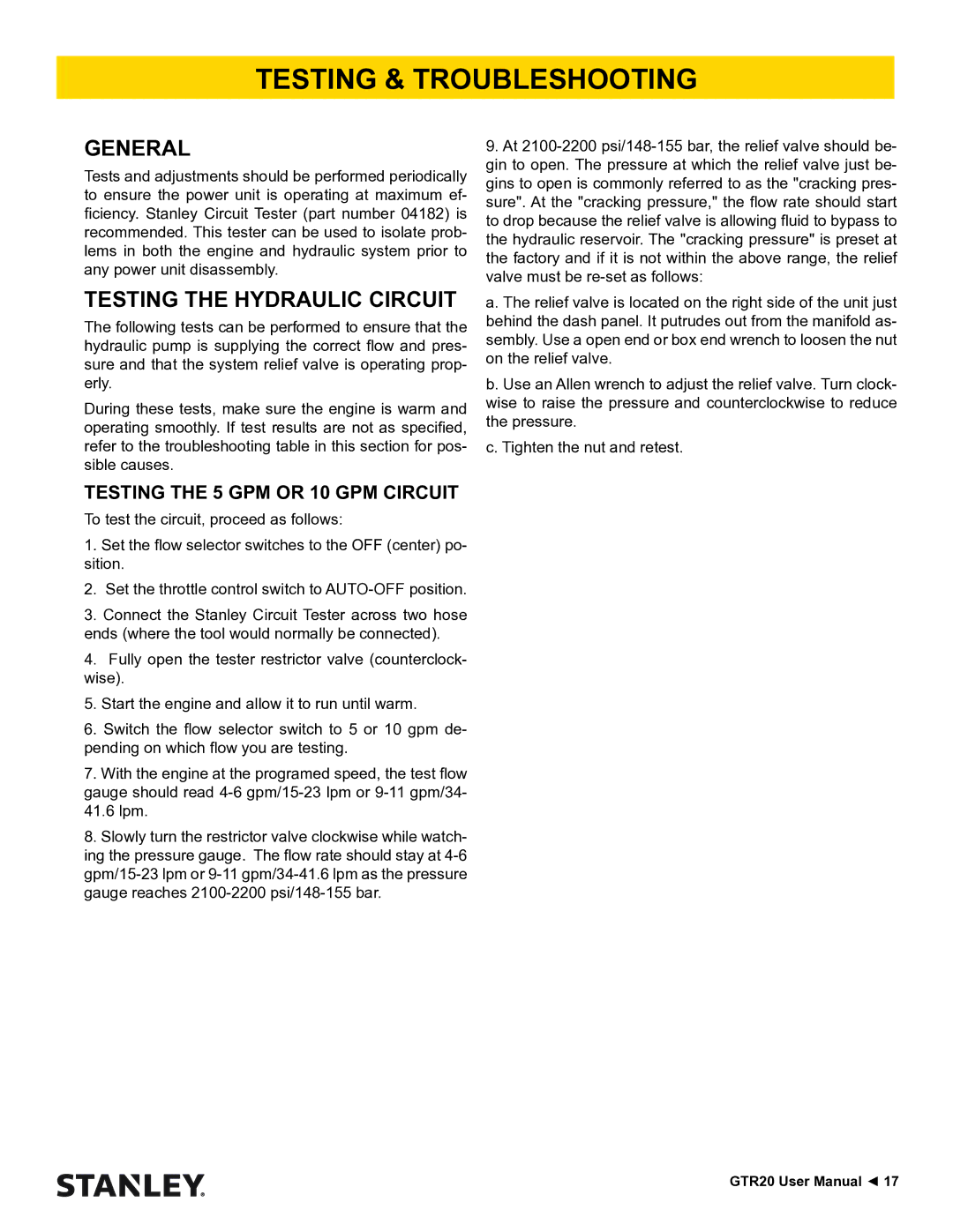 Stanley Black & Decker GTR20 user manual Testing & Troubleshooting, General, Testing the Hydraulic Circuit 