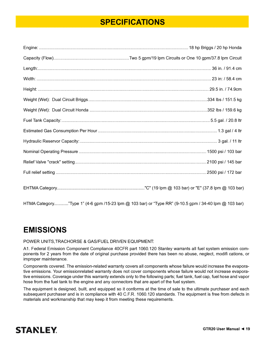 Stanley Black & Decker GTR20 user manual Specifications, Emissions 