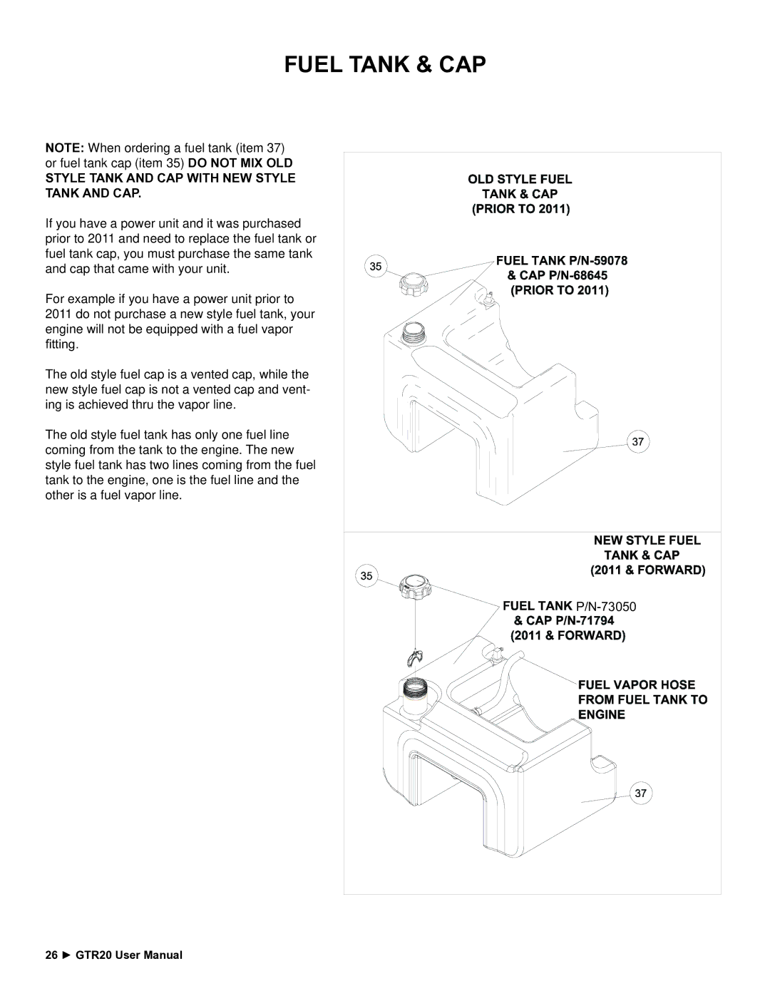 Stanley Black & Decker GTR20 user manual Fuel Tank & CAP, Style Tank and CAP with NEW Style Tank and CAP 