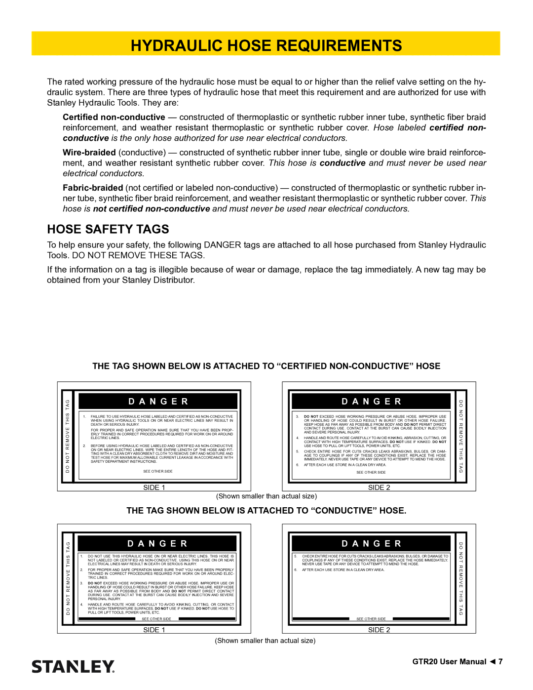 Stanley Black & Decker GTR20 Hydraulic Hose Requirements, Hose Safety Tags, TAG Shown below is Attached to Conductive Hose 