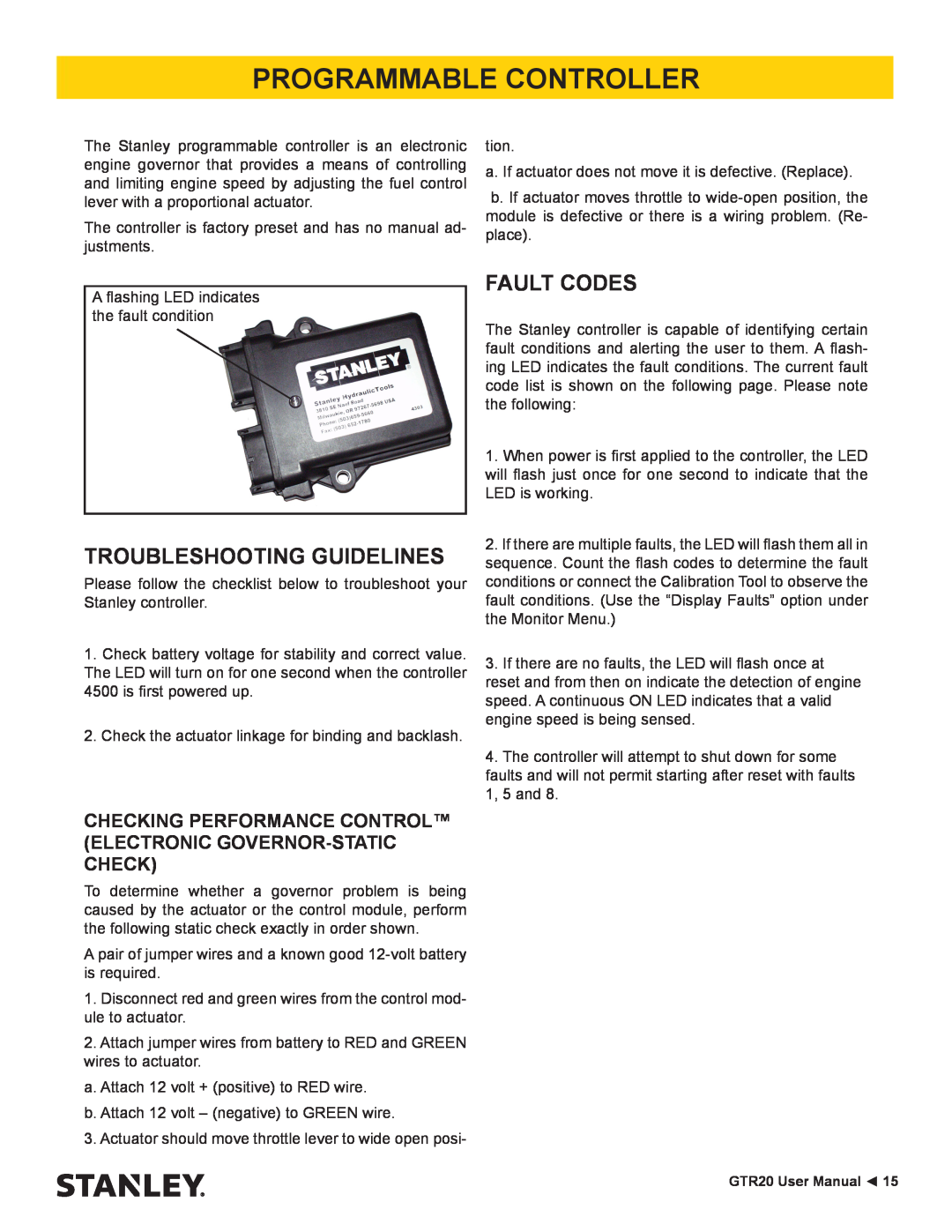 Stanley Black & Decker GTR20 user manual Programmable Controller, Troubleshooting Guidelines, Fault Codes 