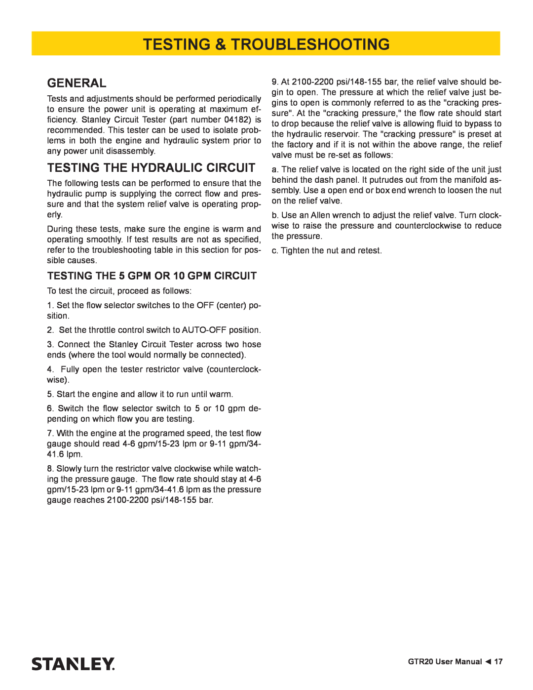 Stanley Black & Decker GTR20 user manual Testing & Troubleshooting, General, Testing The Hydraulic Circuit 