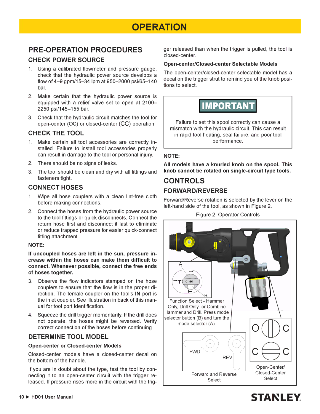 Stanley Black & Decker HD01 user manual Operation, PRE-OPERATION Procedures, Controls 