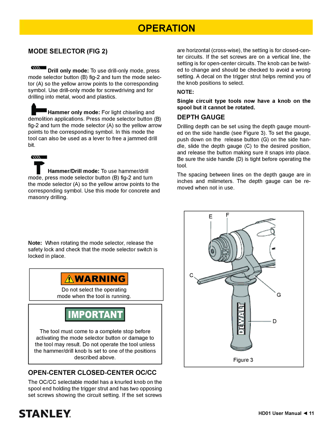 Stanley Black & Decker HD01 user manual Mode Selector FIG, Open-Center Closed-Center Oc/Cc, Depth Gauge 