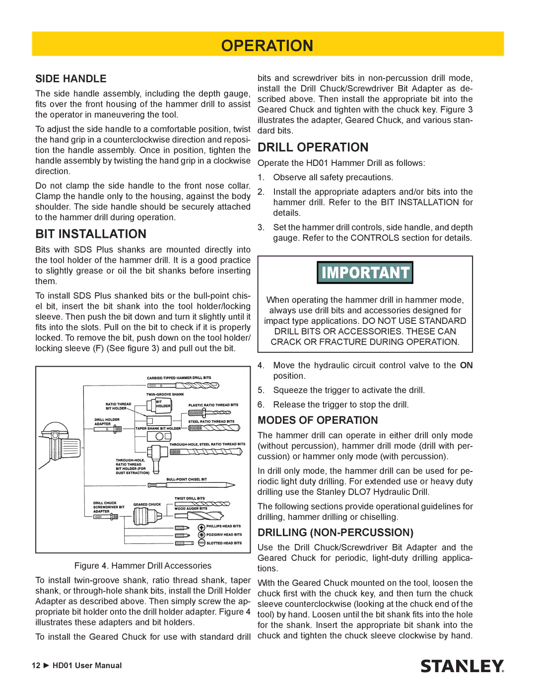 Stanley Black & Decker HD01 BIT Installation, Drill Operation, Side Handle, Modes of Operation, Drilling NON-PERCUSSION 