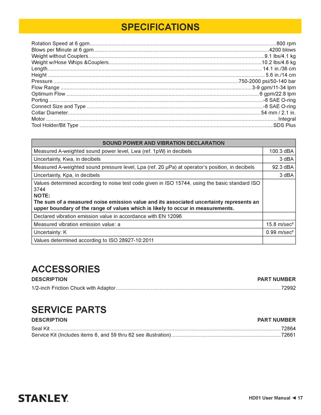 Stanley Black & Decker HD01 user manual Specifications, Accessories, Service Parts 