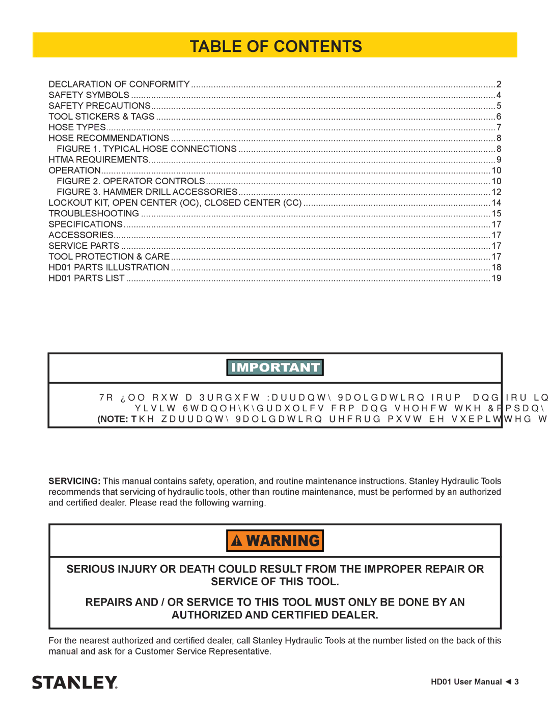 Stanley Black & Decker HD01 user manual Table of Contents 