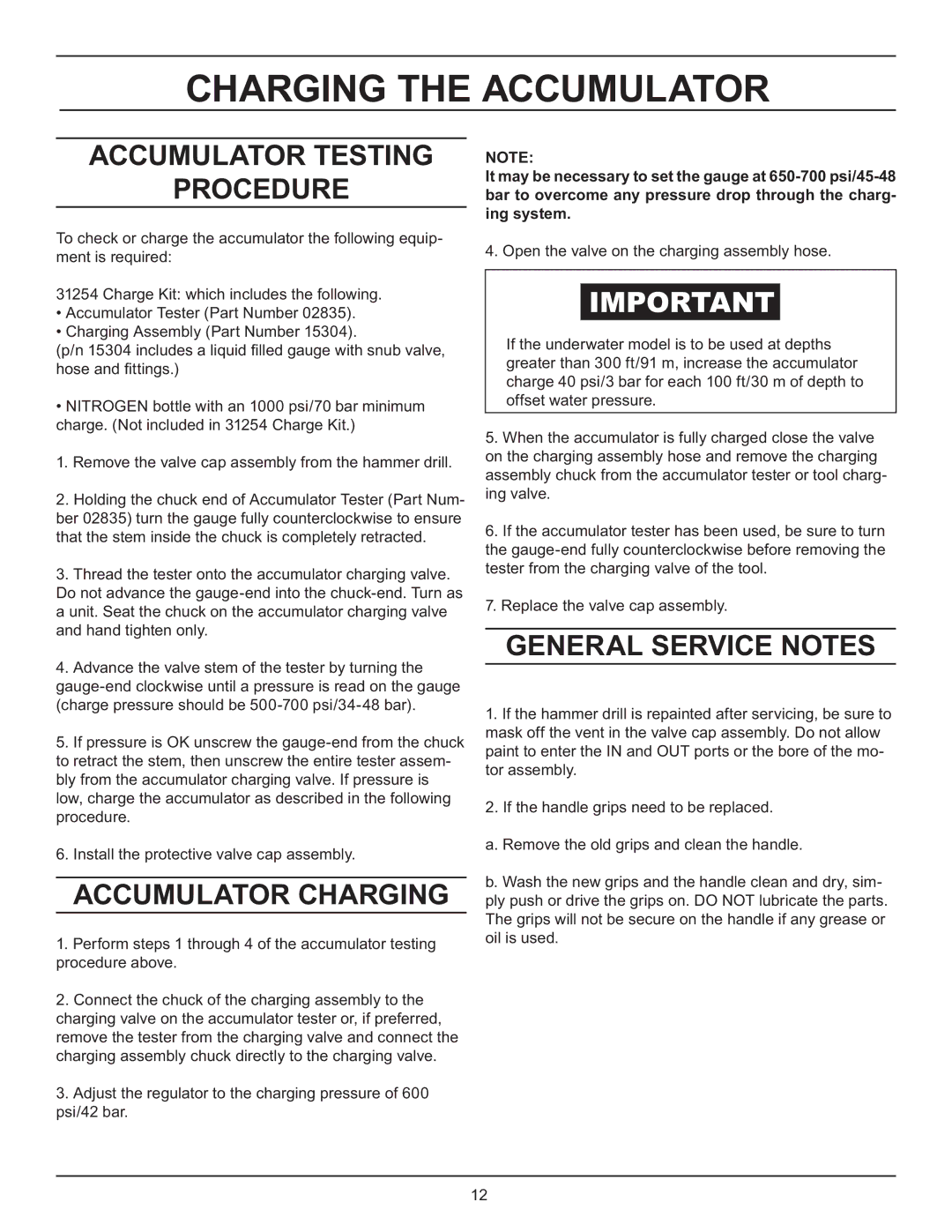 Stanley Black & Decker HD45 service manual Charging the Accumulator, Accumulator Testing Procedure, Accumulator Charging 