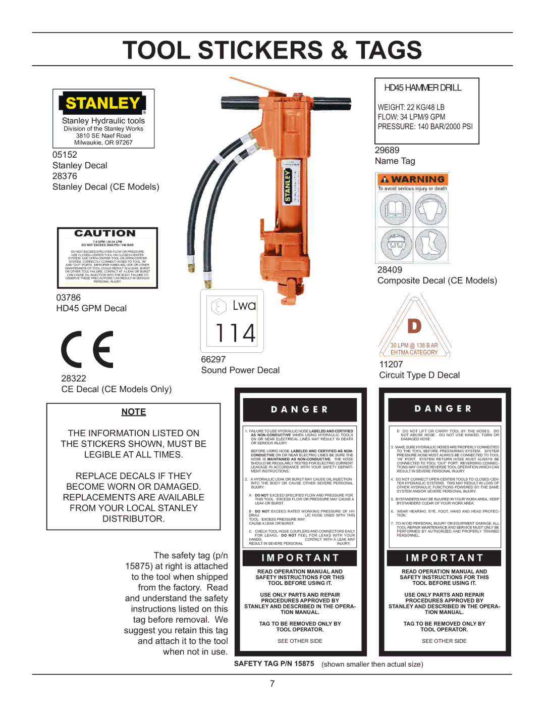 Stanley Black & Decker HD45 service manual Tool Stickers & Tags, Stanley Decal Stanley Decal CE Models 