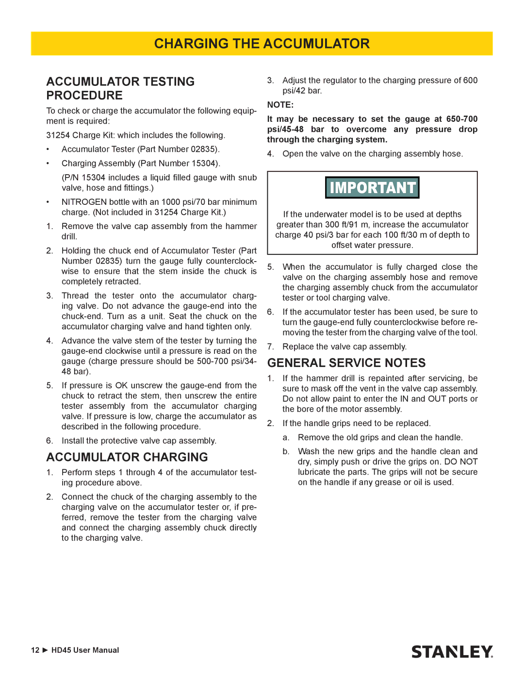 Stanley Black & Decker HD45 user manual Charging the Accumulator, Accumulator Testing Procedure, Accumulator Charging 