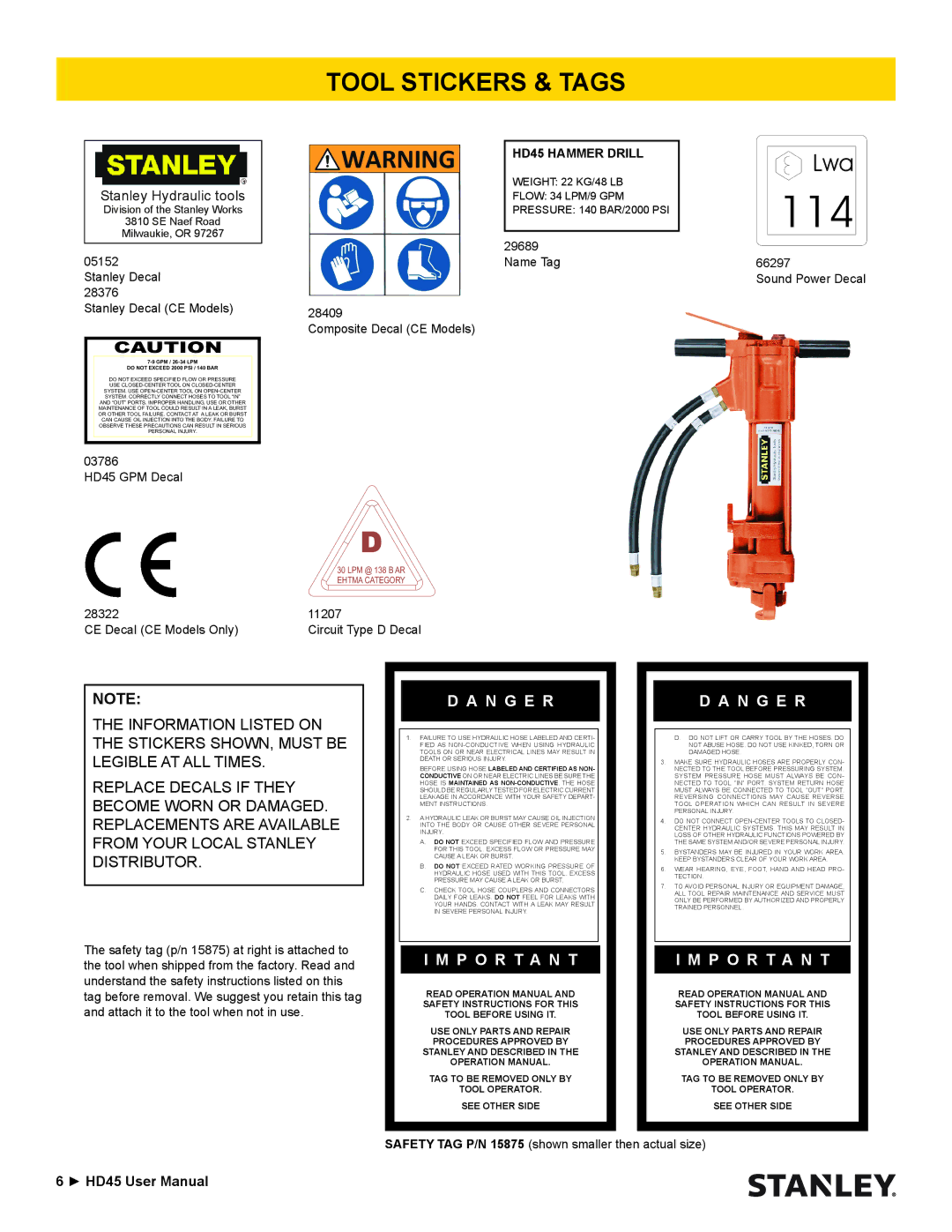 Stanley Black & Decker HD45 user manual Tool Stickers & Tags, Stanley Hydraulic tools 