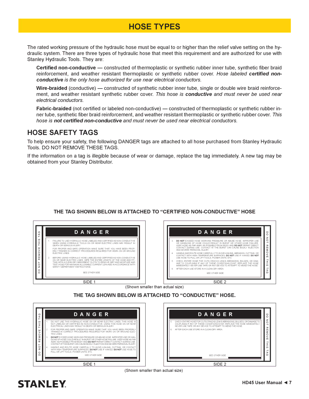 Stanley Black & Decker HD45 user manual Hose Types, Hose Safety Tags 