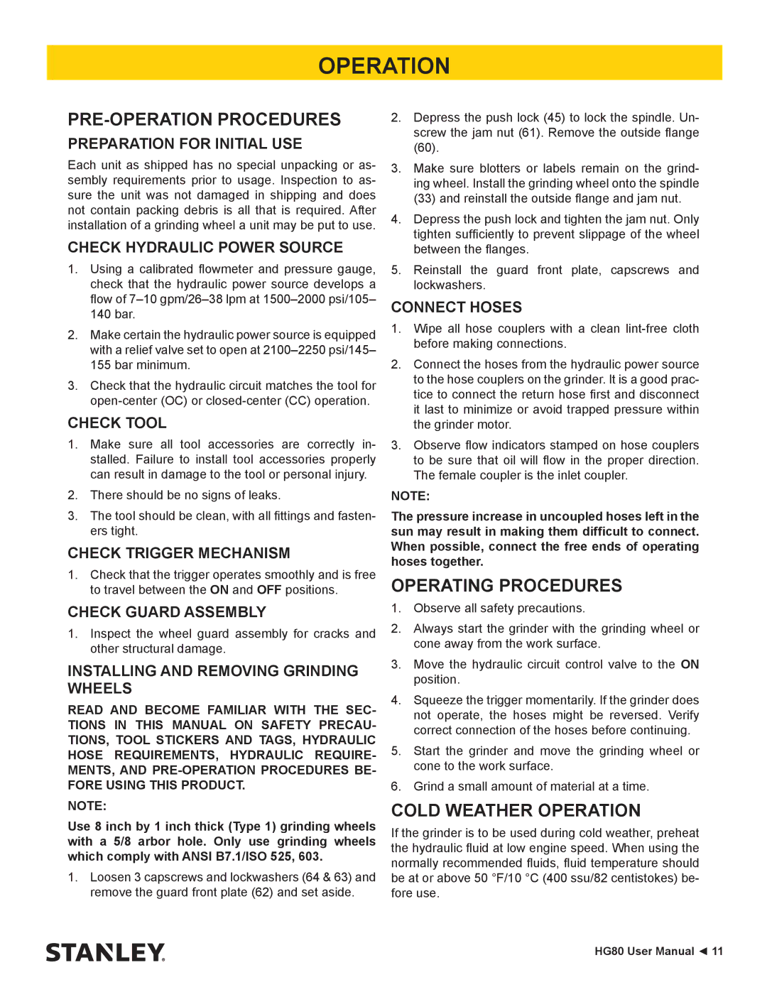 Stanley Black & Decker HG80 manual PRE-OPERATION Procedures, Operating Procedures, Cold Weather Operation 