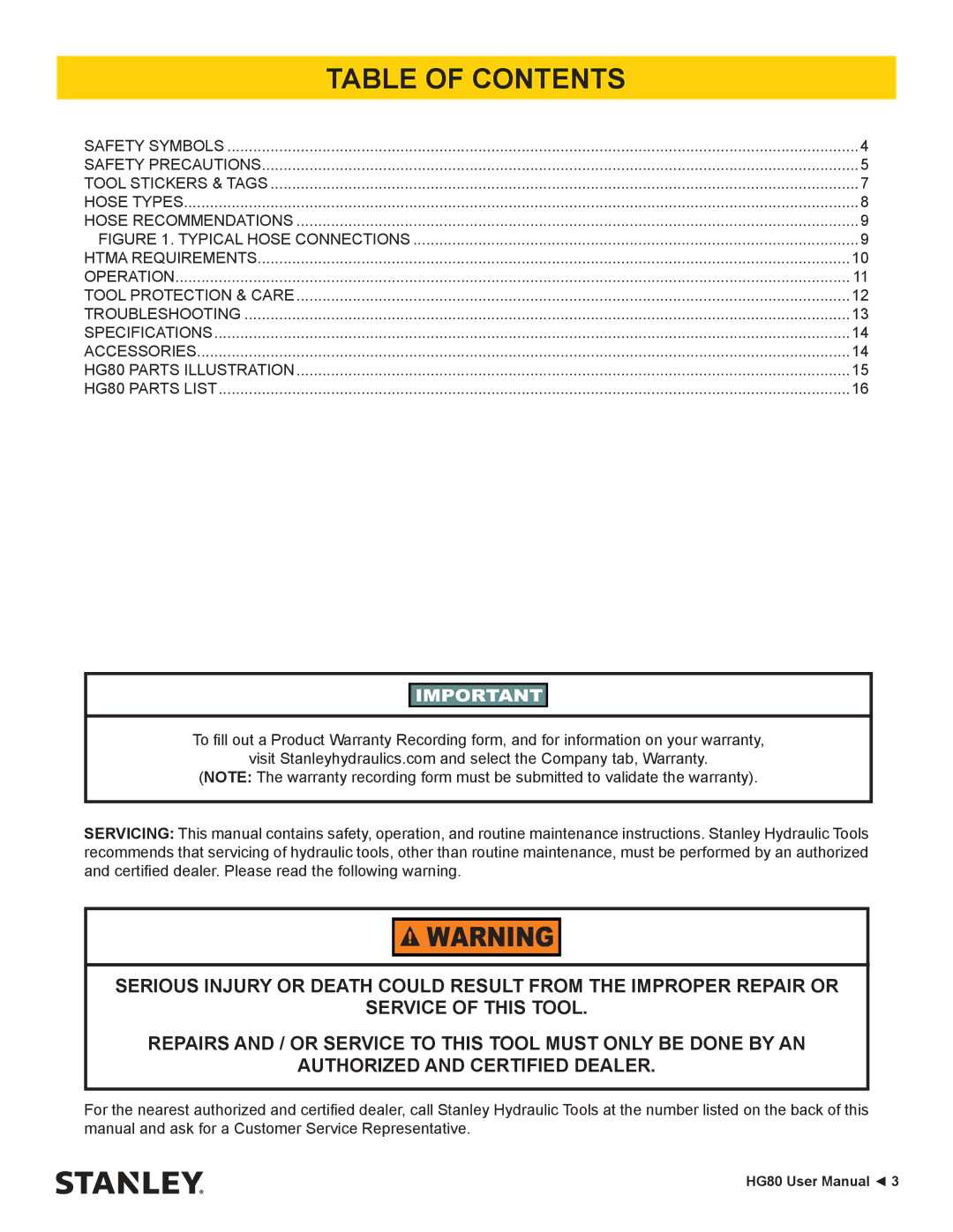 Stanley Black & Decker HG80 manual Table of Contents 