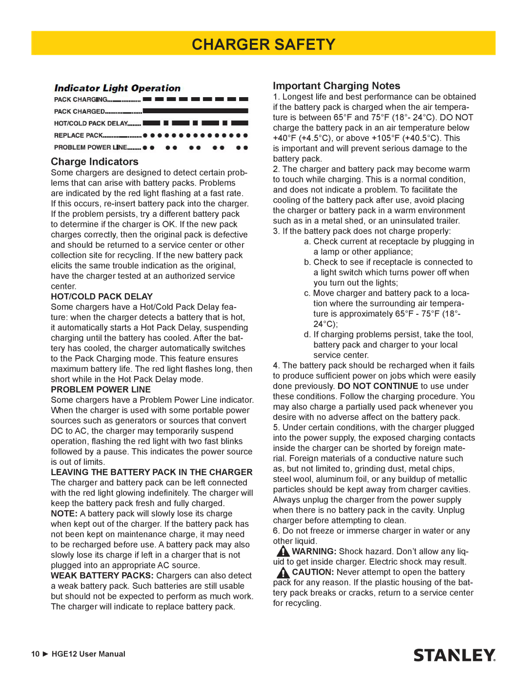 Stanley Black & Decker HGE12 user manual Charge Indicators, Important Charging Notes 