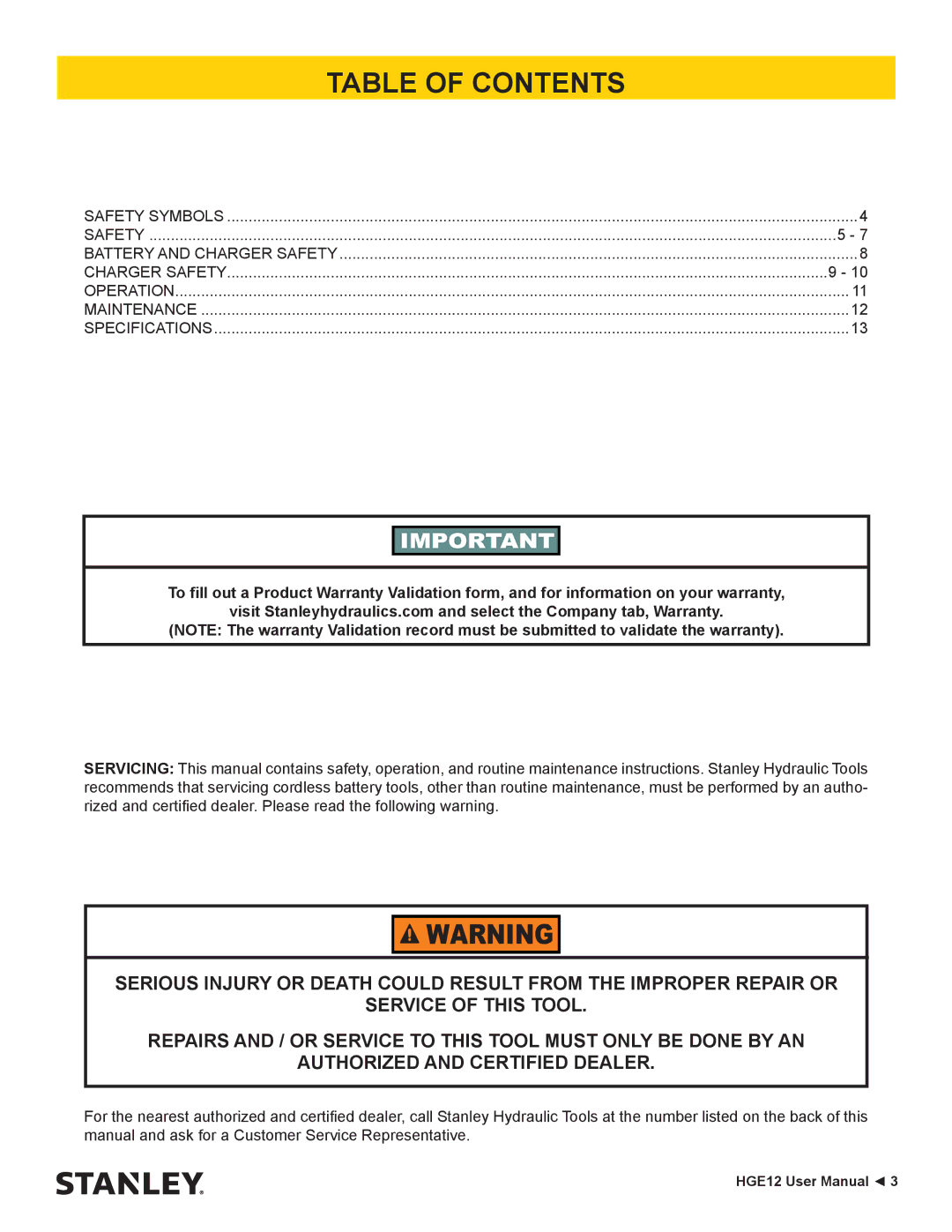 Stanley Black & Decker HGE12 user manual Table of Contents 