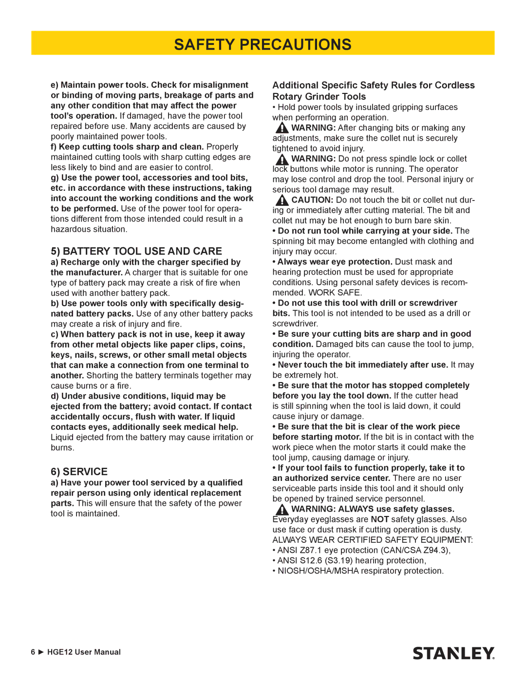 Stanley Black & Decker HGE12 user manual Battery Tool USE and Care, Service 