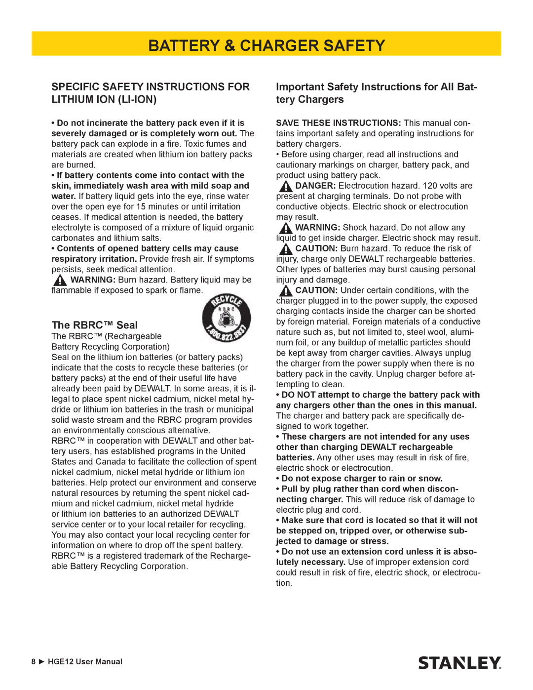 Stanley Black & Decker HGE12 Battery & Charger Safety, Specific Safety Instructions for Lithium ION LI-ION, Rbrc Seal 