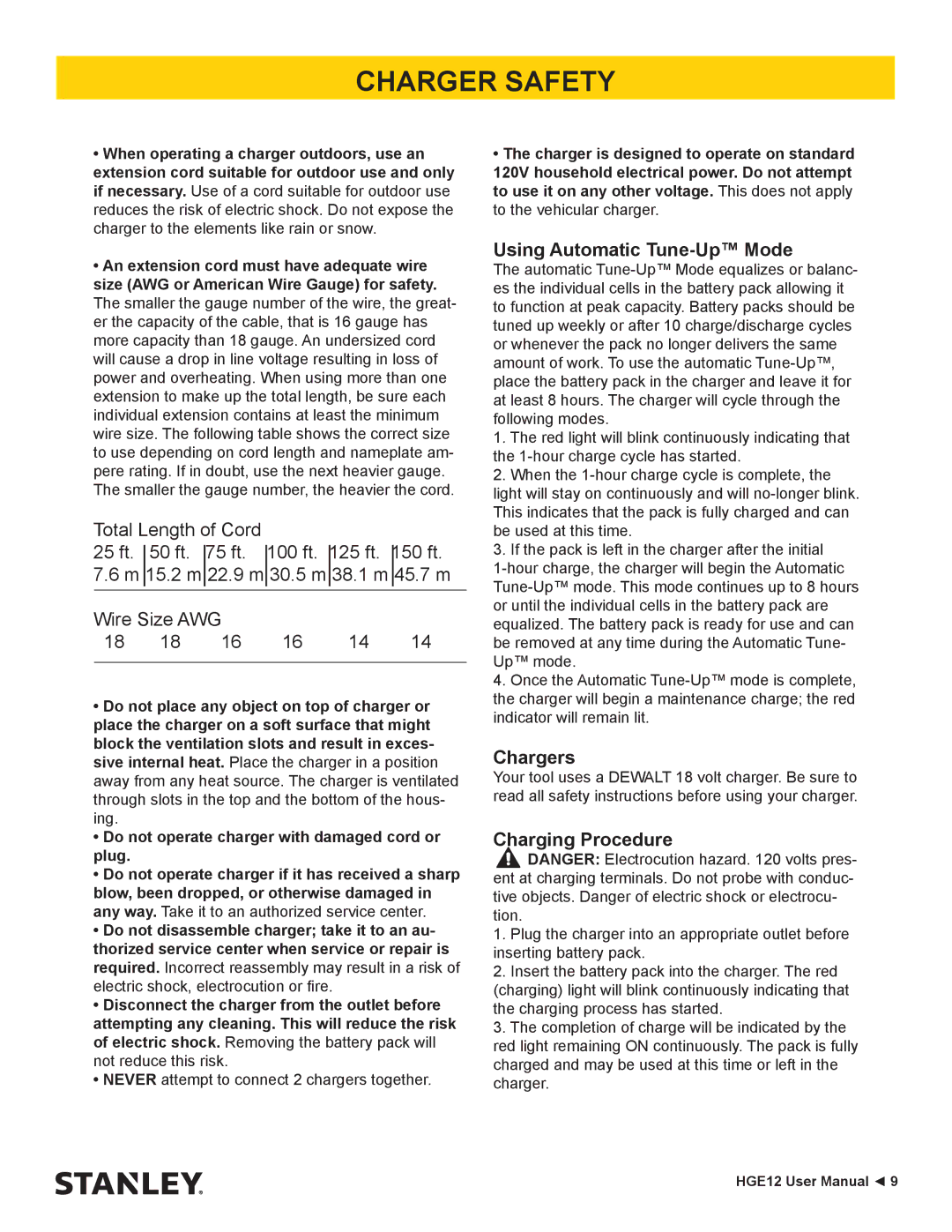 Stanley Black & Decker HGE12 user manual Charger Safety, Using Automatic Tune-Up Mode, Chargers, Charging Procedure 