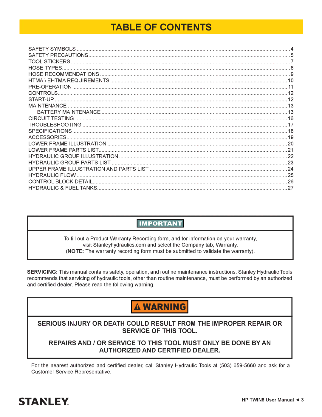 Stanley Black & Decker HP TWIN8 manual Table of Contents 