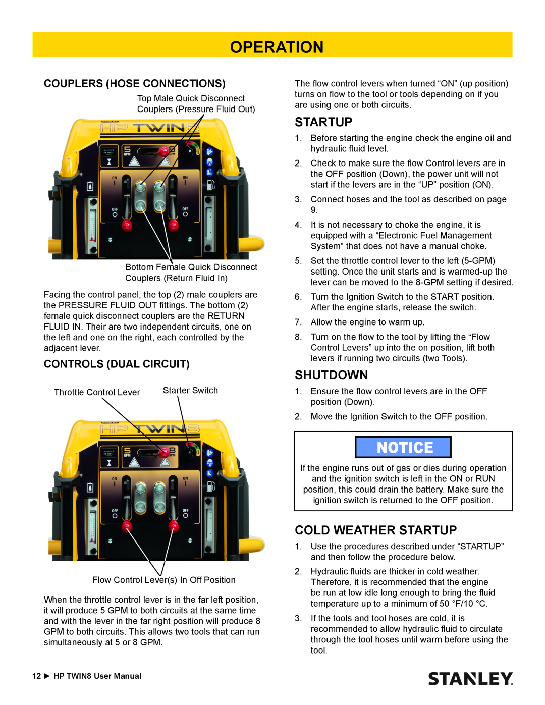 Stanley Black & Decker HP TWIN8 manual Operation, Shutdown, Cold Weather Startup, Couplers Hose Connections 