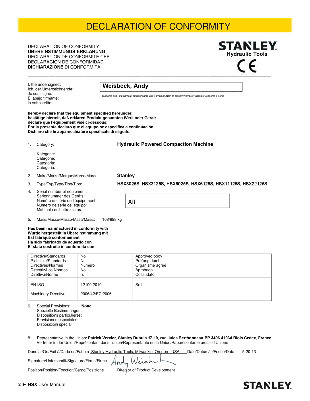 Stanley Black & Decker HSX SERIES user manual Declaration of Conformity, Weisbeck, Andy, All 