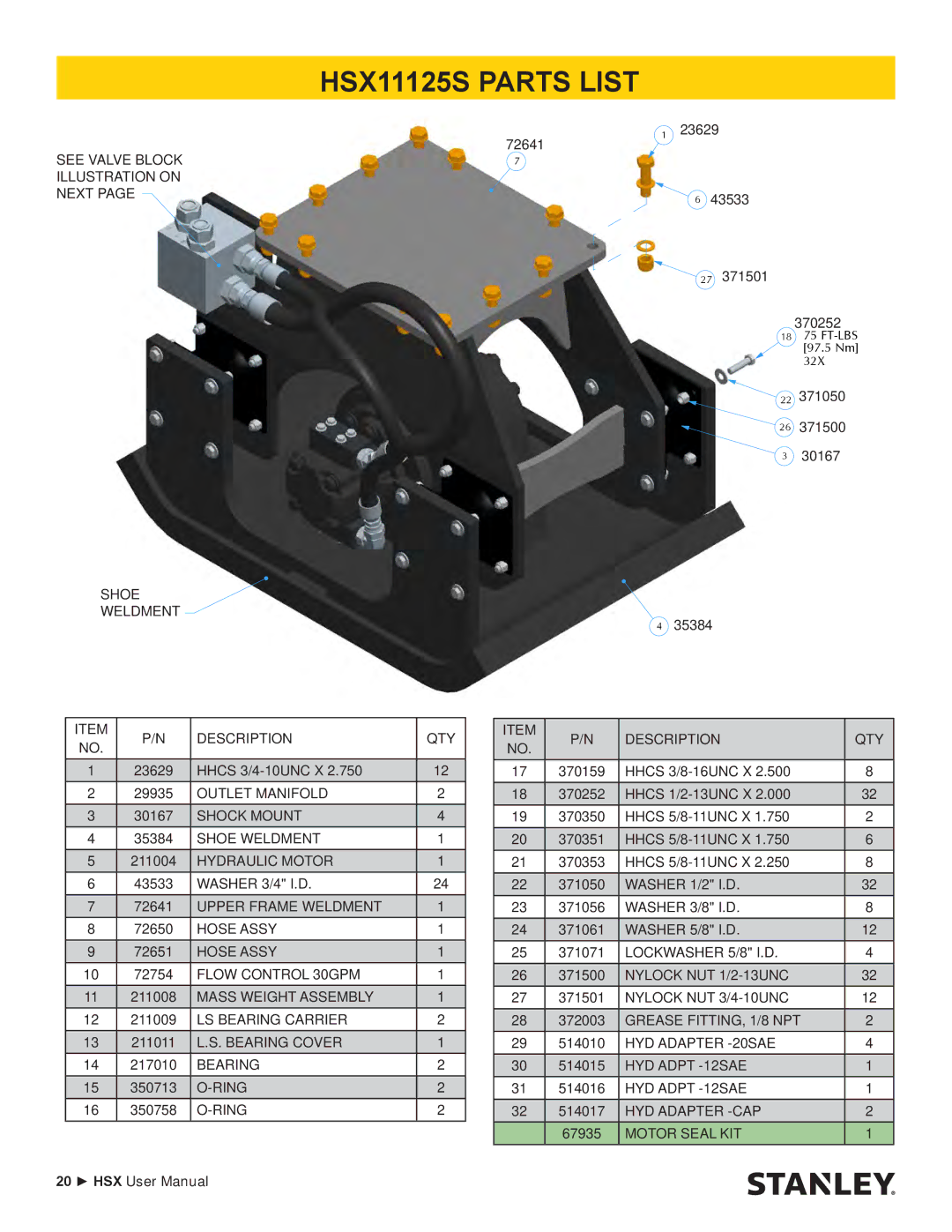 Stanley Black & Decker HSX SERIES user manual HSX11125S Parts List, Ring Description QTY 