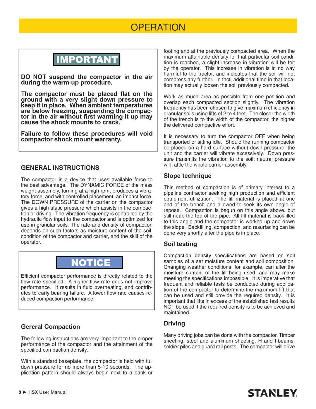 Stanley Black & Decker HSX SERIES user manual Slope technique, Soil testing, Gereral Compaction, Driving 