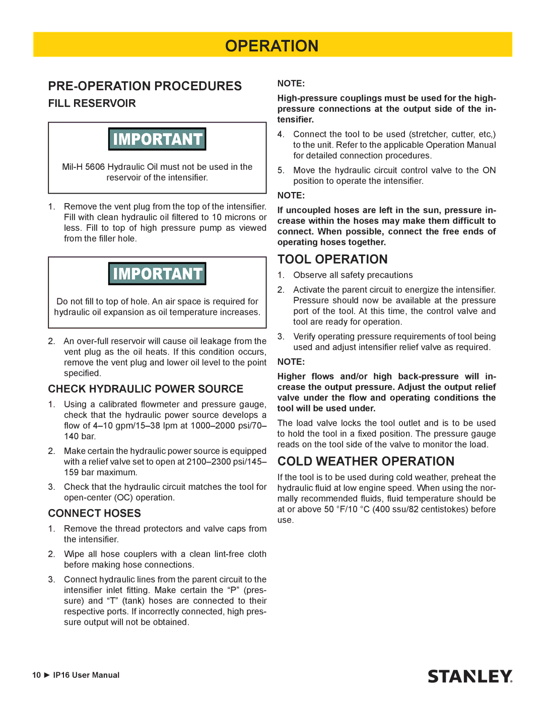 Stanley Black & Decker IP16 user manual Operation, PRE-OPERATION Procedures 