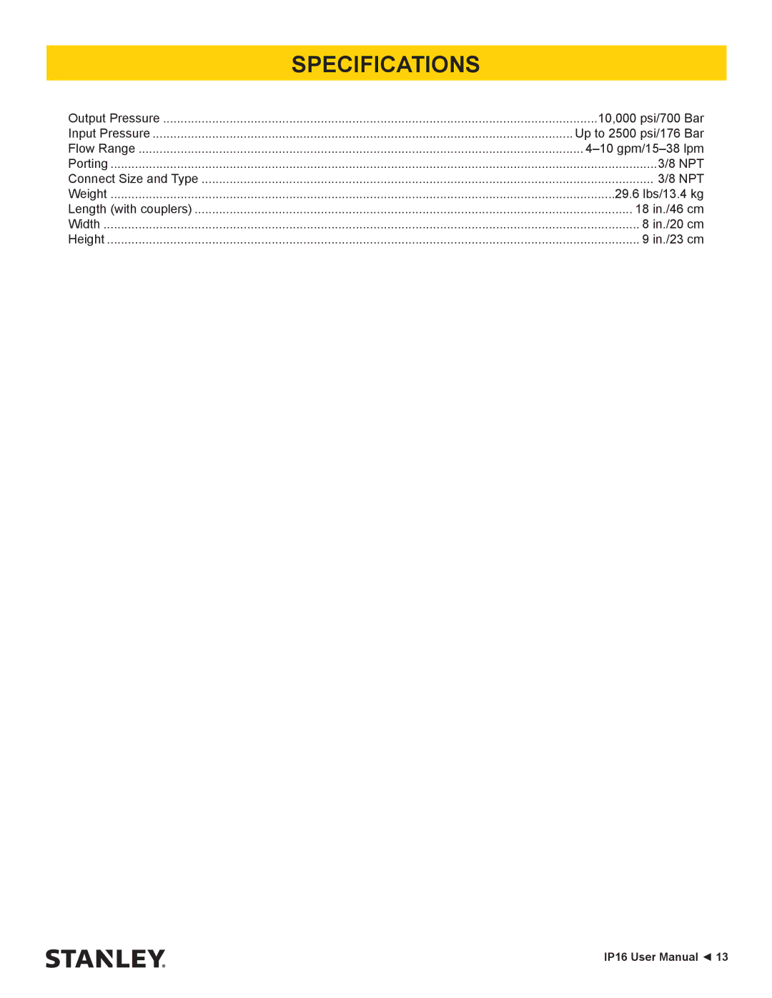 Stanley Black & Decker IP16 user manual Specifications 