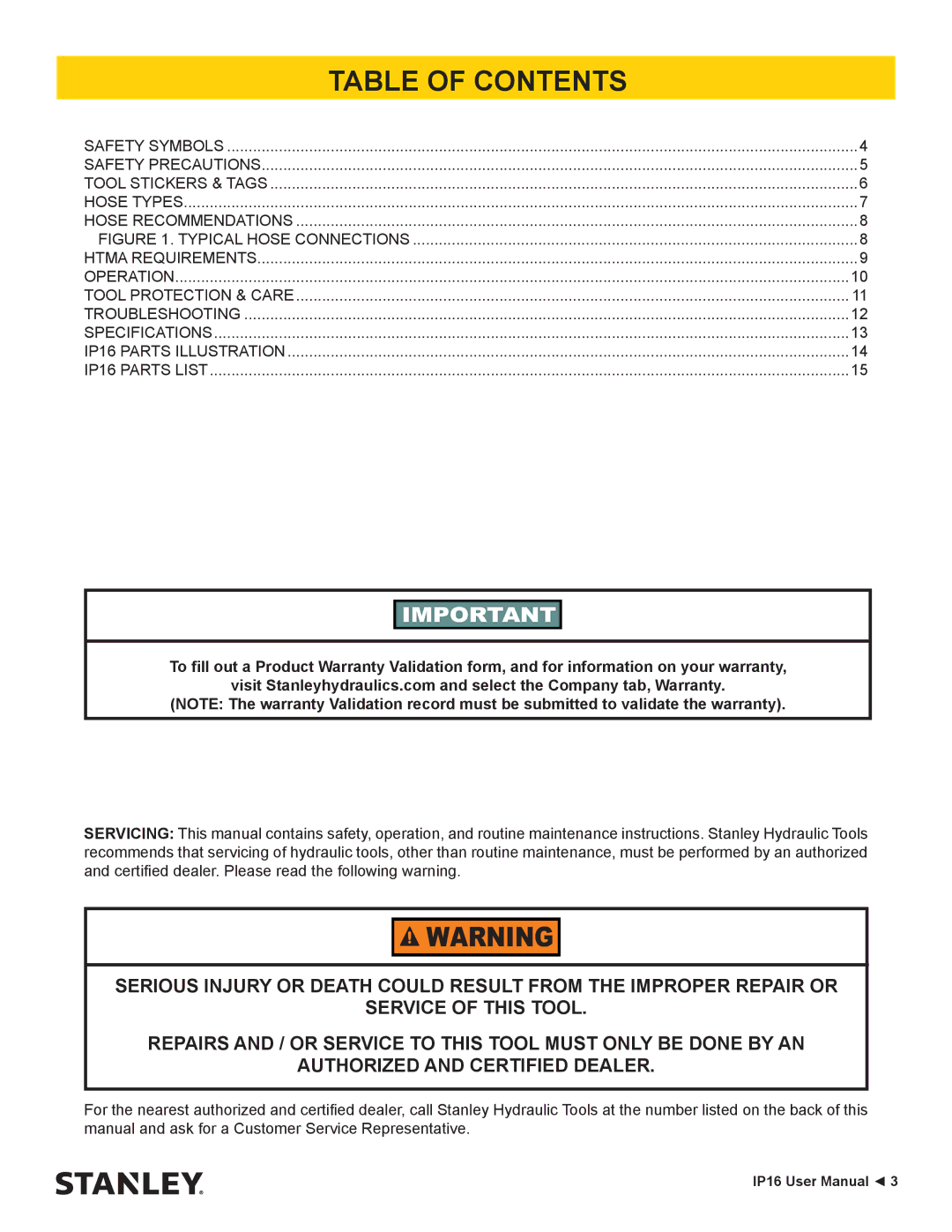 Stanley Black & Decker IP16 user manual Table of Contents 