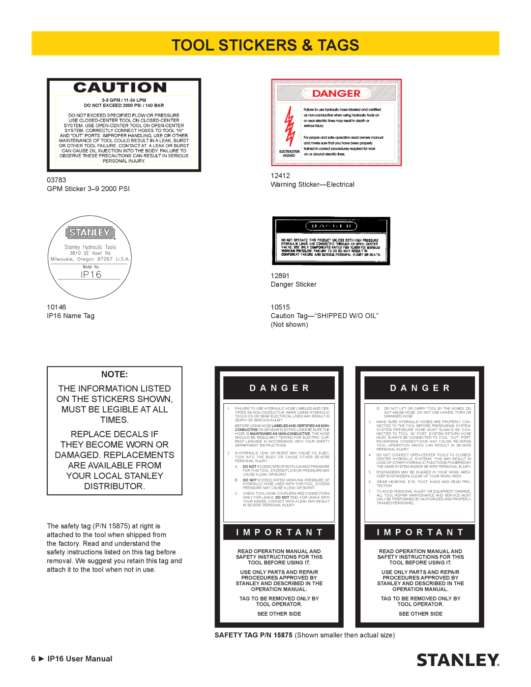 Stanley Black & Decker user manual Tool Stickers & Tags, GPM Sticker 3-9 2000 PSI 10146 IP16 Name Tag 