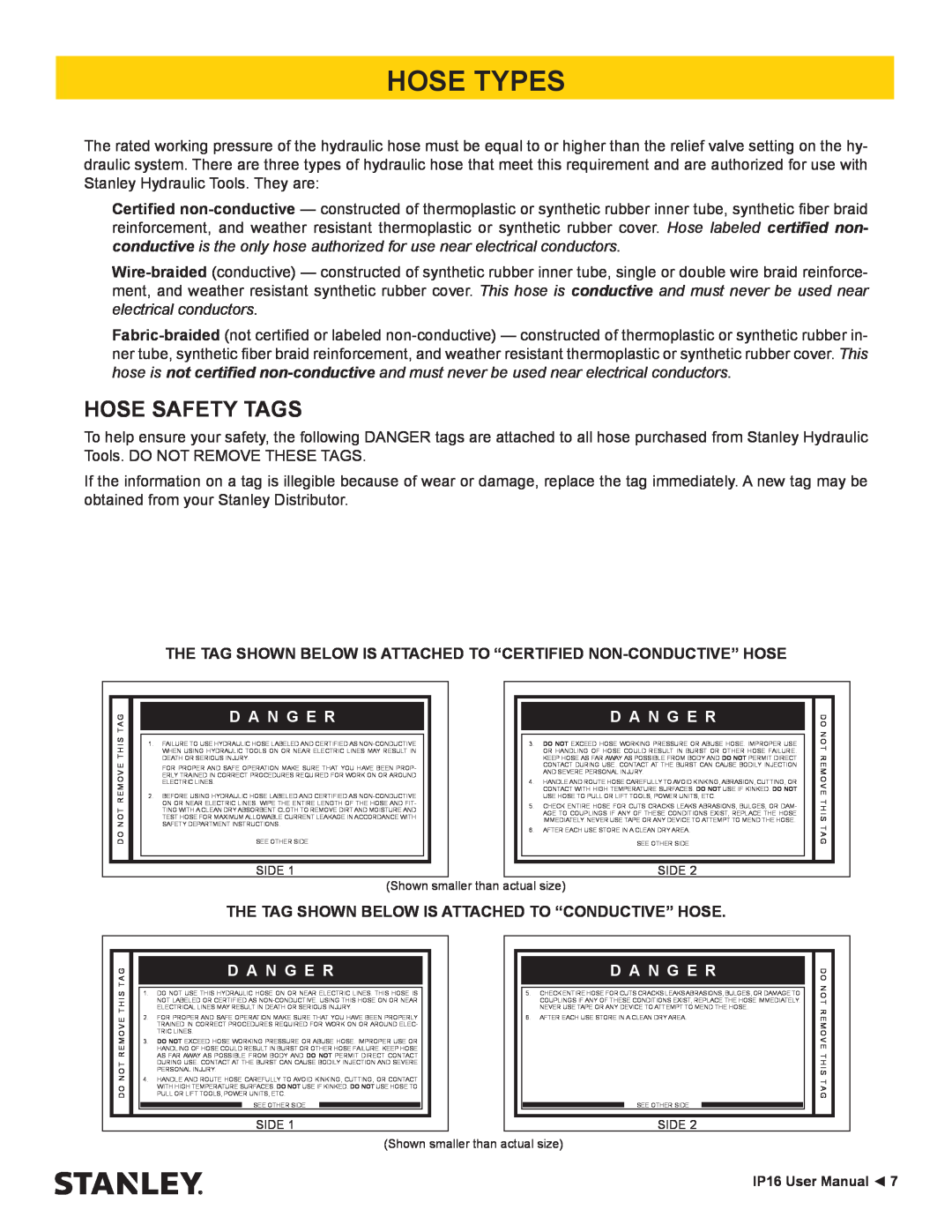 Stanley Black & Decker IP16 user manual Hose Types, Hose Safety Tags, D A N G E R 