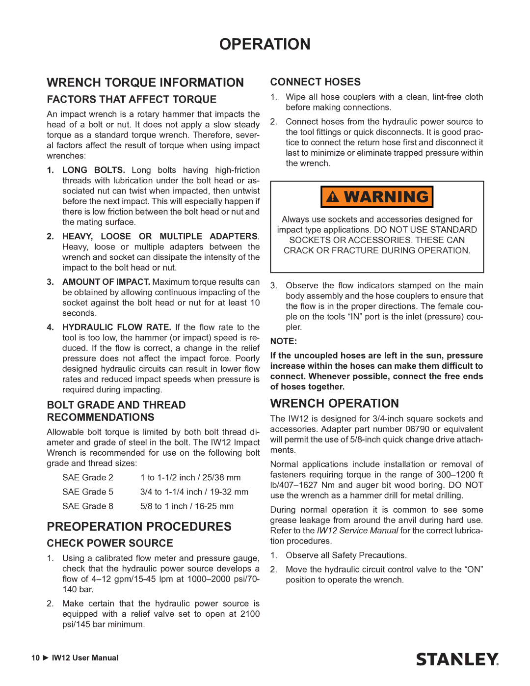 Stanley Black & Decker IW12 user manual Wrench Torque Information, Preoperation Procedures, Wrench Operation 