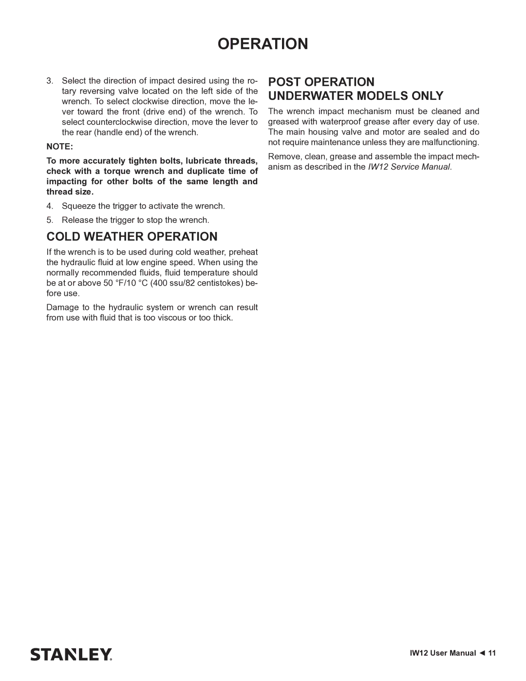 Stanley Black & Decker IW12 user manual Cold Weather Operation, Post Operation Underwater Models only 