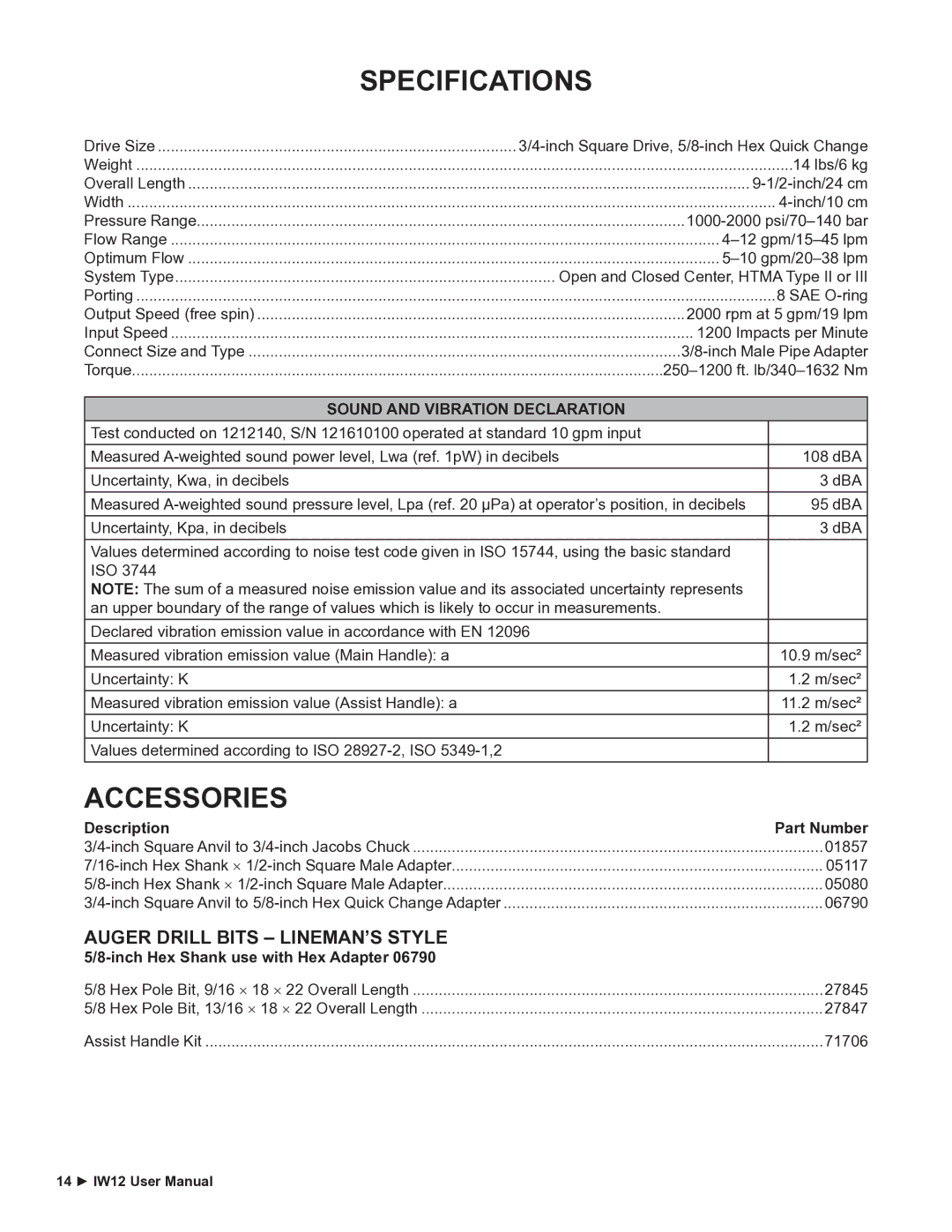 Stanley Black & Decker IW12 user manual Specifications, Accessories 