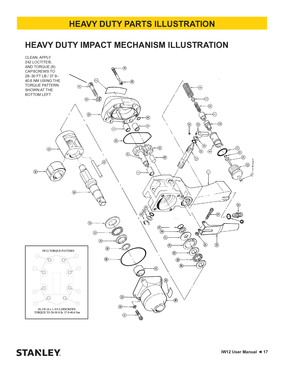 Stanley Black & Decker IW12 user manual CLEAN, Apply LOCTITE, and Torque 8 Capscrews to 