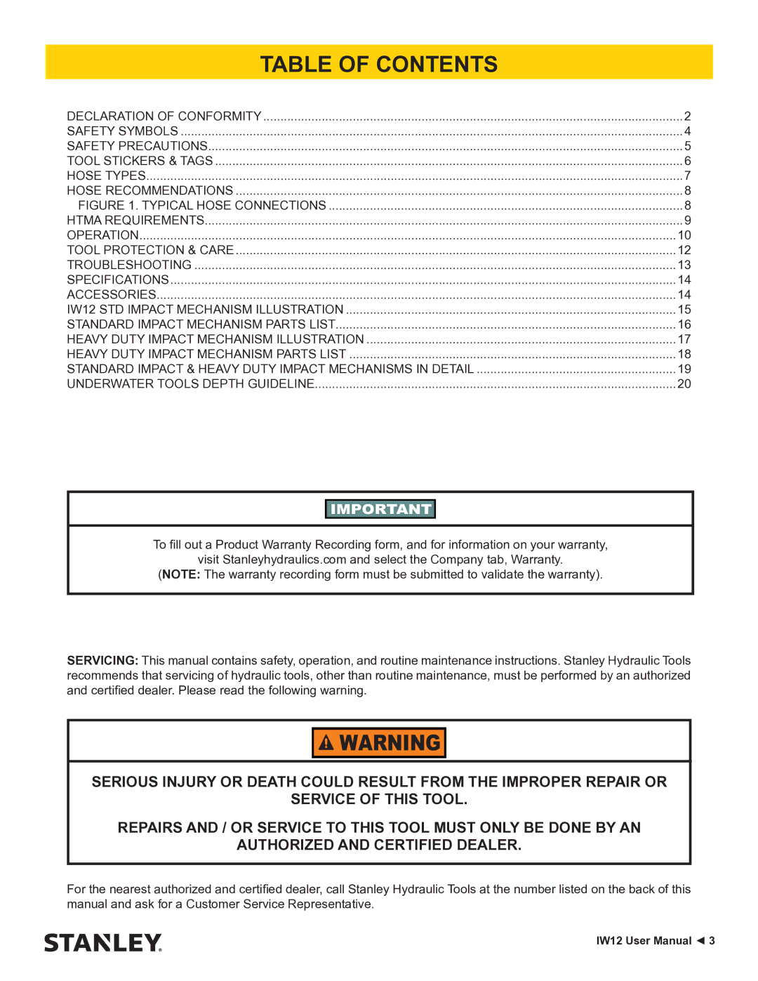 Stanley Black & Decker IW12 user manual Table of Contents 