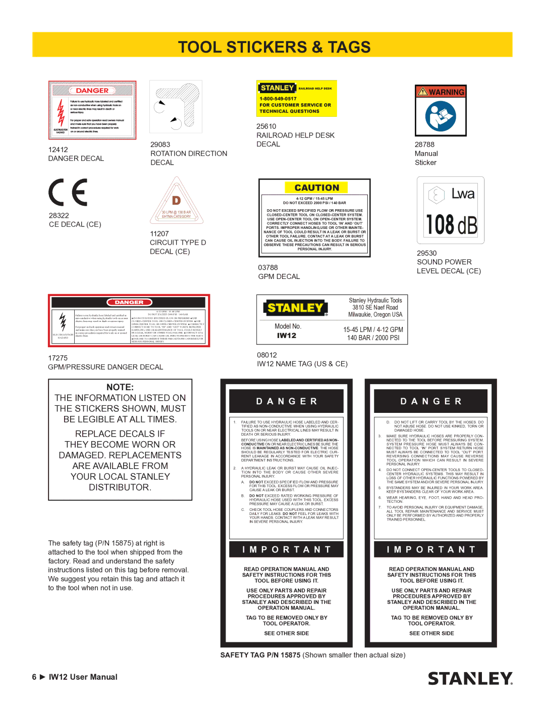 Stanley Black & Decker IW12 user manual Tool Stickers & Tags, CE Decal CE 