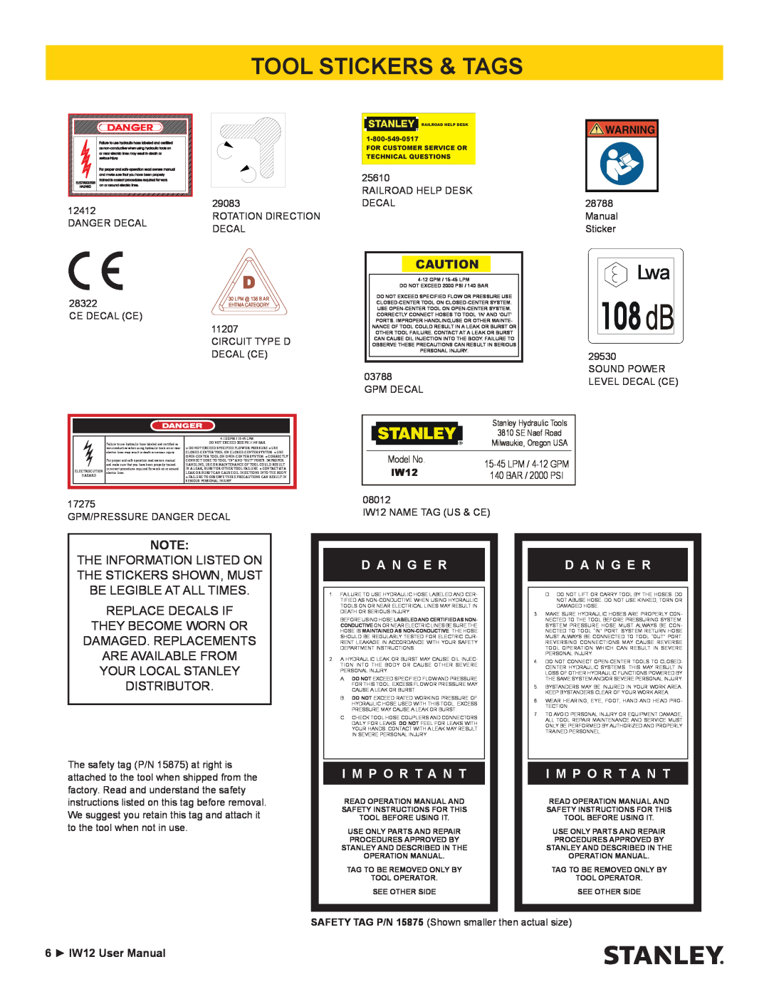 Stanley Black & Decker IW12 user manual Tool Stickers & Tags, D A N G E R, I M P O R T A N T 