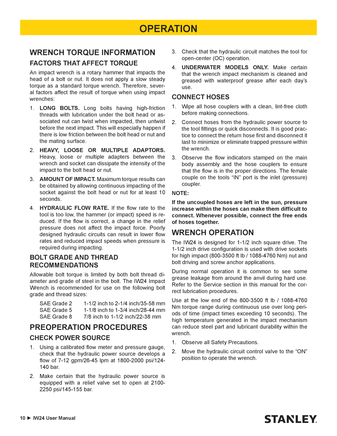 Stanley Black & Decker IW24 user manual Wrench Torque Information, Preoperation Procedures, Wrench Operation 