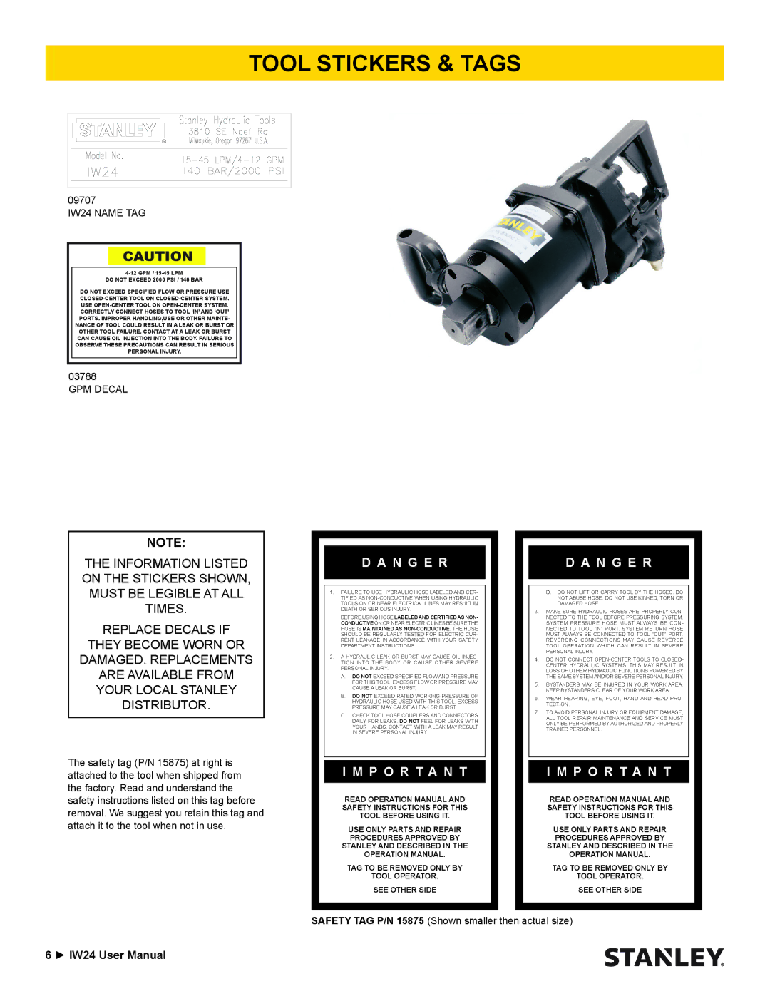 Stanley Black & Decker user manual Tool Stickers & Tags, IW24 Name TAG 